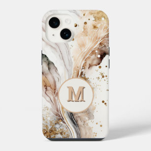 Coque Pour iPhone 14 Marbre Brun Or Élégant Design Abstrait Monogramme