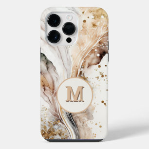 Coque Pour Pour iPhone 14 Pro Max Marbre Brun Or Élégant Monogramme Dessin Abstrait