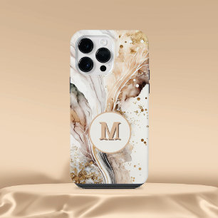 Coque Pour Pour iPhone 14 Pro Max Marbre Brun Or Élégant Monogramme Dessin Abstrait