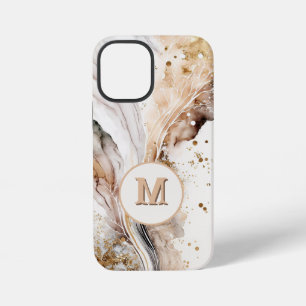 Coque iPhone 12 Mini Marbre Brun Or Monogram Luxe Design Abstrait