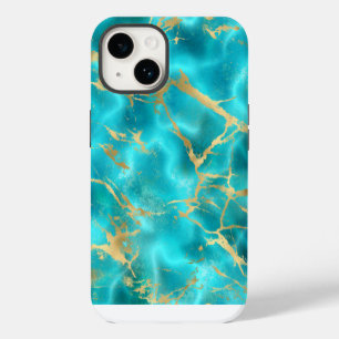 Coque Pour iPhone 14 Marbre élégant sarcelle or bleu aqua