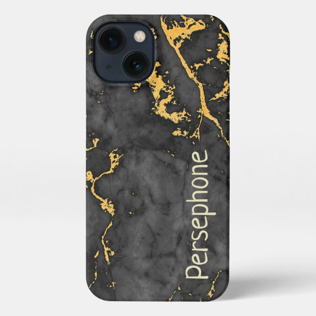 Coque iPhone Marbre noir avec nom personnalisé Gold Veine (Verso)