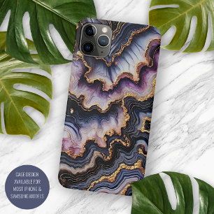 Coque iPhone 16 Pro Max Marbre noir bleu violet pourpre or motif artistiqu