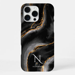 Coque iPhone 16 Pro Max Marbre Paillettes Or Nuit Sombre Personnalisable
