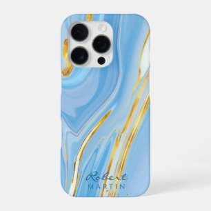 Coque iPhone 16 Pro Marbre Parties scintillant Blue Sky Gold personnal
