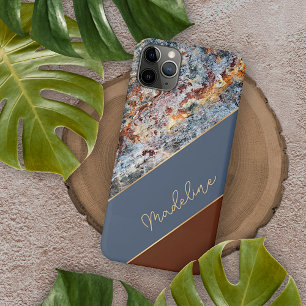 Coque iPhone 16 Pro Max Marbre personnalisé ambre brun bleu foncé