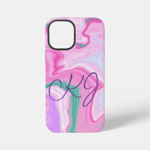 Coque iPhone 12 Mini Marbre Rose, Violet, Vert Menthe Art Monogrammé