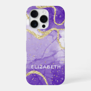 Coque iPhone 16 Pro marbre violet et or paillettes personnalisé