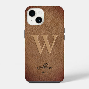 Coque Pour iPhone 14 Marque marron cuir rustique nom de script élégant