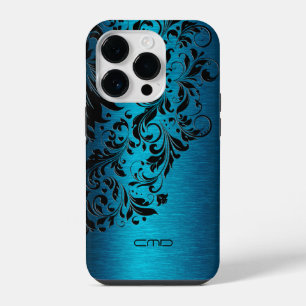 Coque Pour iPhone 14 Plus Métallique Turquoise Brossé en aluminium noir dent