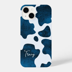 Coque Pour iPhone 14 Midnight Meadow : Navy Blue Cow Imprimer