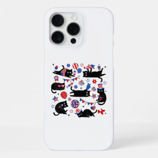 Coque iPhone 16 Pro Max Mignon Chat Noir Drapeau USA Feu d'Artifice Patrio