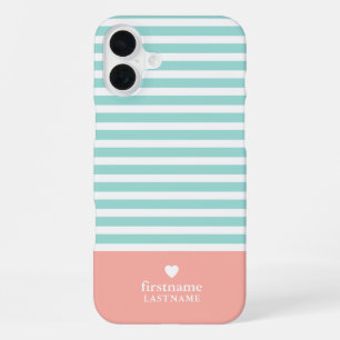 Coque iPhone 16 Plus Minces Rayures Monogramme de cœur élégant sarcelle
