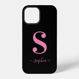 Coque iPhone 12 Minimal Noir avec Monogramme Rose Nom en Écriture