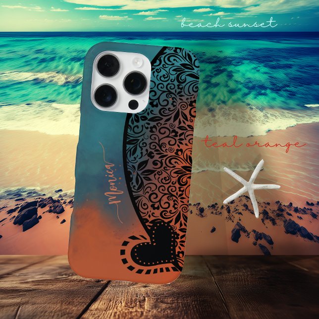 Coque iPhone Modèle Floral turquoise bleu et orange moderne (Teal Blue & Orange Modern Floral Pattern iPhone Case)