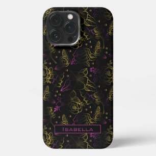 Etui iPhone 13 Pro Max Modèle floral violet or nom personnalisé