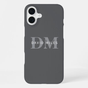 Coque iPhone 16 Plus Moderne Élégant Gris Foncé Monogramme & Nom