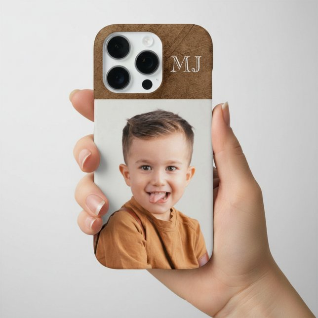 Coque iPhone Moderne Monogramme 1 Photo en détresse Marron (Créateur téléchargé)