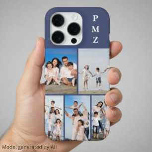 Coque iPhone 16 Pro Moderne Monogramme 5 Photo Collage Bleu Crépuscule