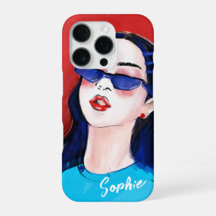 Coque iPhone 16 Pro Moderne tendance Rouge bleu ville fille sur mesure