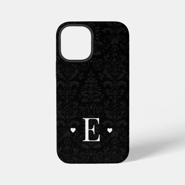 Coque iPhone Moins Coeur Chic Premier Monogramme Noir Damas (Verso)