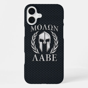 Coque iPhone 16 Plus Molon Labe Casque Spartan Chrome sur Grille iPhone