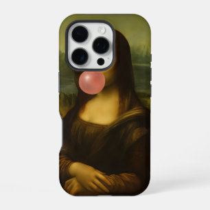Coque iPhone 16 Pro Mona Lisa soufflant du chewing-gum rose