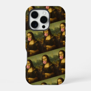 Coque iPhone 16 Pro Mona Lisa soufflant du chewing-gum rose
