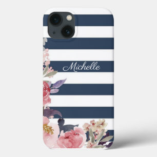 Coque iphone monogrammé à bande bleue et blanche