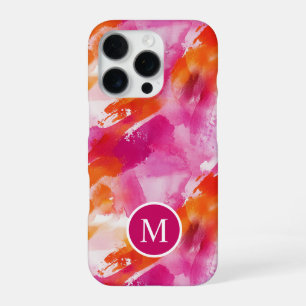 Coque iPhone 16 Pro Monogramme Aquarelle Abstrait Rose Orange