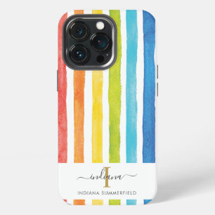 Etui iPhone 13 Pro Monogramme Aquarelle Arc-en-ciel Couleurs Rayures 
