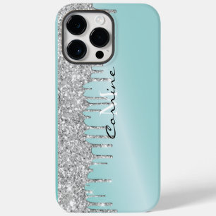 Coque Pour Pour iPhone 14 Pro Max Monogramme Argent Aqua Bleu Paillettes Dégoulinant
