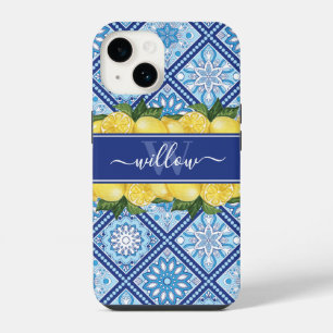 Coque Pour iPhone 14 Monogramme arrière en carreaux bleu citron