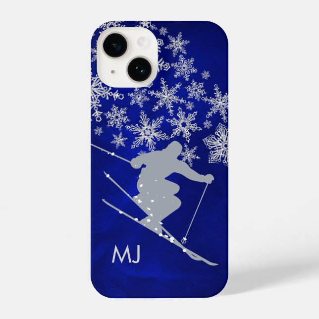 Coque iPhone Monogramme Bleu du ski de descente (Verso)