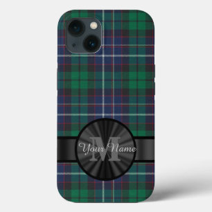 Etui iPhone 13 monogramme bleu et vert tartan plaid