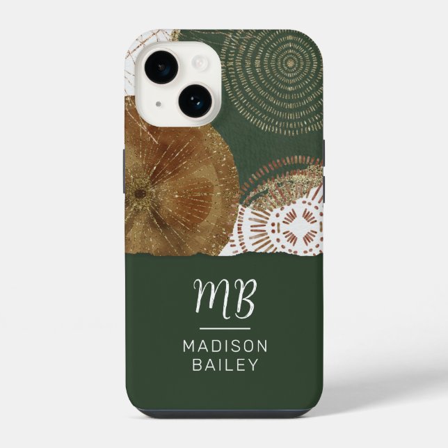 Coque iPhone Monogramme de cercles dorés bronze vert abstrait (Verso)