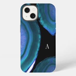 Etui iPhone 13 Monogramme de géode d'agate sarcelle foncée