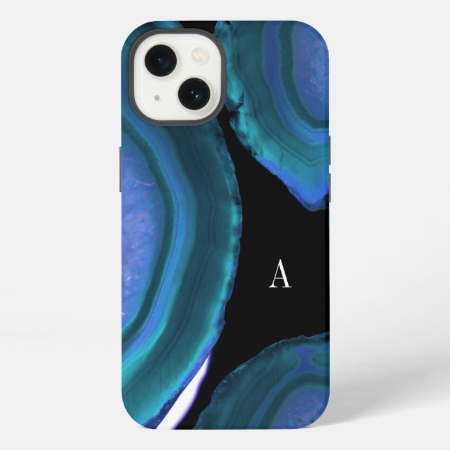 Coque iPhone Monogramme de géode d'agate sarcelle foncée (Verso)