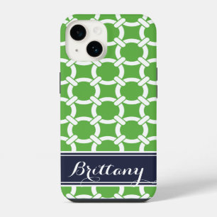 Coque Pour iPhone 14 Monogramme de liens de Preppy Green et Navy