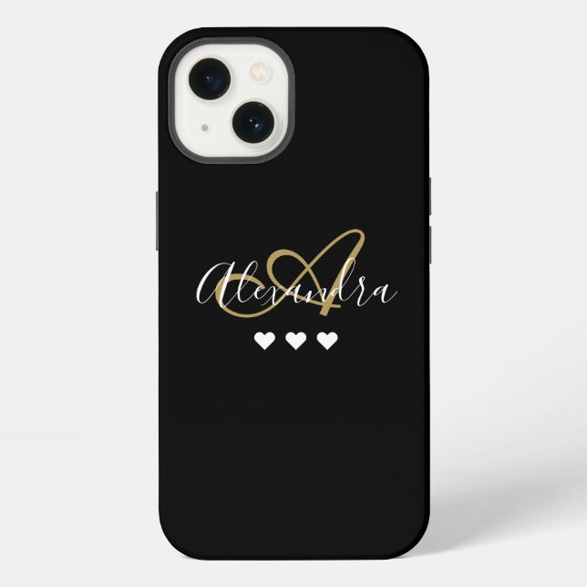 Coque iPhone Monogramme de nom de script Cœurs Noirs Or (Verso)