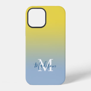 Coque iPhone 12 Monogramme de nom moderne dégradé jaune à bleu cla