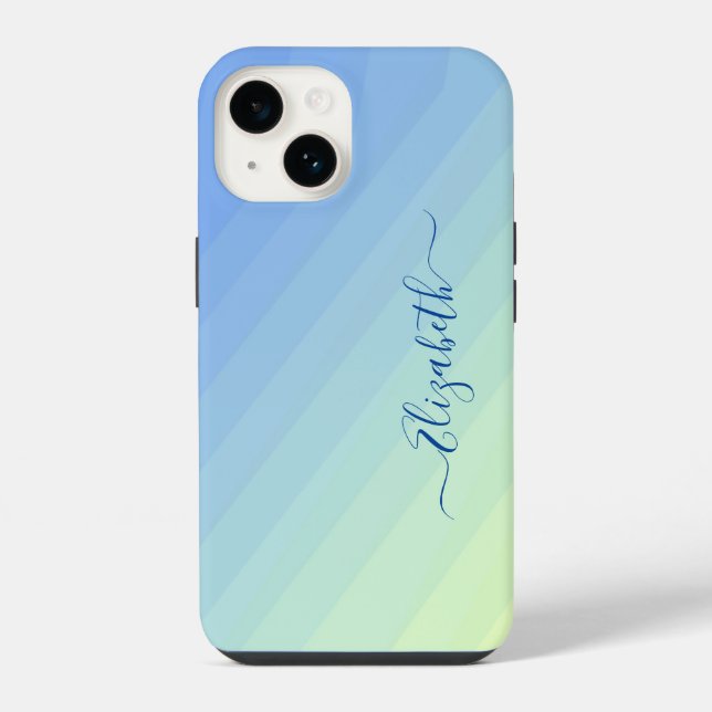 Coque iPhone Monogramme de script à dégradé jaune bleu (Verso)