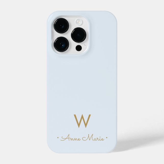 Coque iPhone Monogramme de script en or bleu clair moderne (Verso)