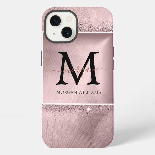 Coque iPhone Monogramme de script en or rose  (Verso)