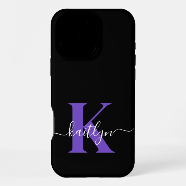 Coque iPhone Monogramme de script moderne violet noir (Verso)