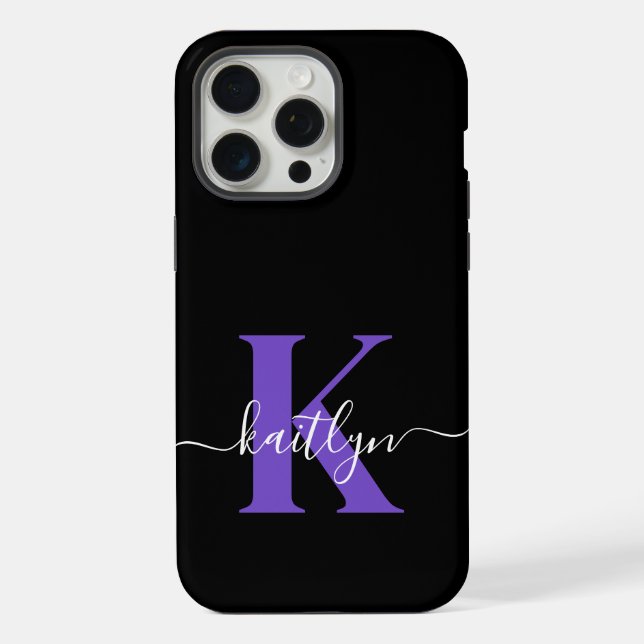 Coque iPhone Monogramme de script moderne violet noir (Verso)