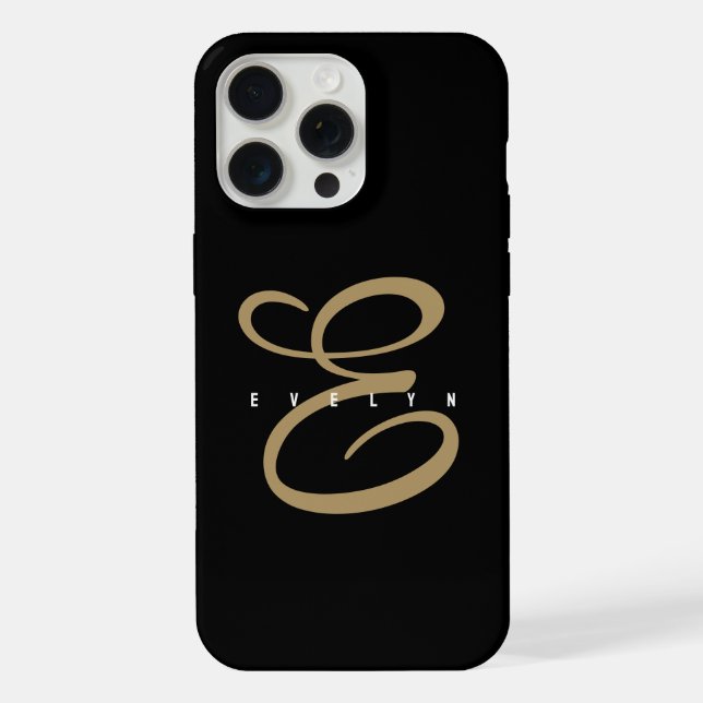 Coque iPhone Monogramme de script noir et or chic (Verso)