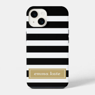 Coque Pour iPhone 14 Monogramme des bandes de preppy noir et or
