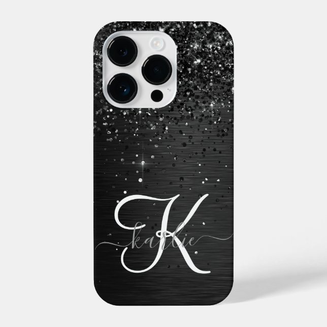 Coque iPhone Monogramme d'étincelle à Parties scintillant noire (Verso)