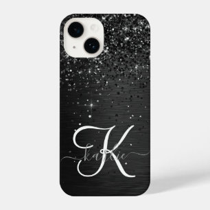 Coque Pour iPhone 14 Monogramme d'étincelle à Parties scintillant noire